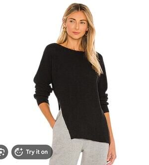 James Perse Sweater Womens Small Cotton Linen Ribbed Boat Neck Navy Slit Elegant